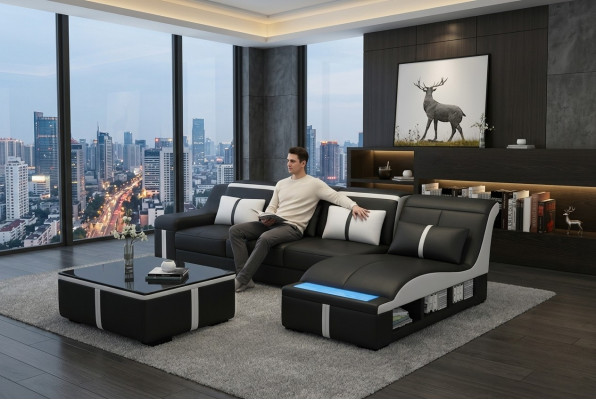 Eck Sofa Couch Polster Eck Sëtz Lieder Garnitur Beliicht L Form G8047C