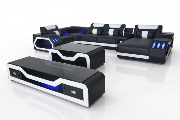 Lieder Sofa Eck Garnitur Design Sofa Wunnlandschaft + Canapé Dësch + RTV G8046