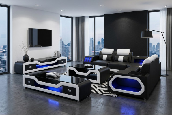 3 Stéck Set Lieder Sofa Canapé Garnitur Eck Sëtz Këssen + Dësch + RTV L-Form Nei