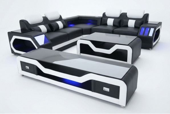 3 Stéck Set Lieder Sofa Canapé Garnitur Eck Sëtz Këssen + Dësch + RTV L-Form Nei