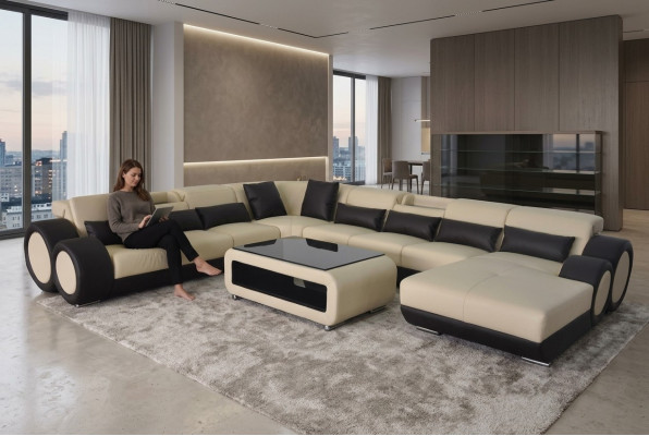 Ledersofa Wunnlandschaft Garnitur Design Modern Ecksofa U-Form Chaise G8035