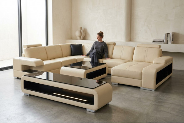 Ledercouch Wunnlandschaft Garnitur Design Modern Ecksofa U-Form Dësch RTV G8028