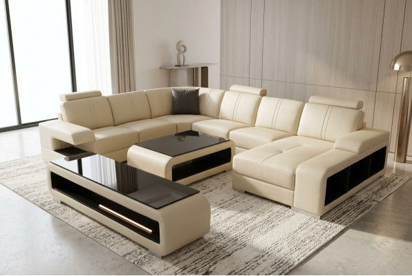 Ledercouch Wunnlandschaft Garnitur Design Modern Ecksofa U-Form Dësch RTV G8028