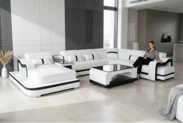 Lieder Couch Polster Sëtz Wunnlandschaft Design Modern Eck Garnitur U Form + Dësch