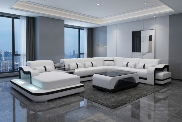 Lieder Couch Polster Sëtz Wunnlandschaft Design Modern Eck Garnitur U Form + Dësch