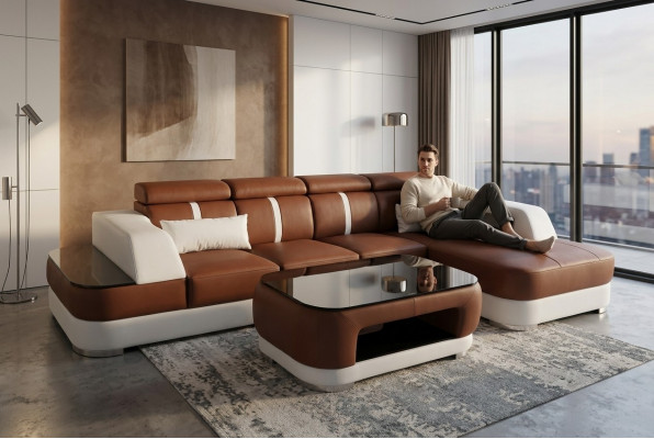 Lieder Canapé Polster Sëtz Design Modern Eck Garnitur Sofa Wunnlandschaft+Dësch