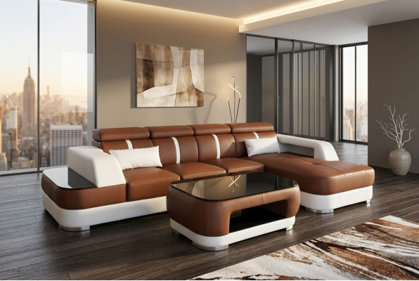 Lieder Canapé Polster Sëtz Design Modern Eck Garnitur Sofa Wunnlandschaft+Dësch