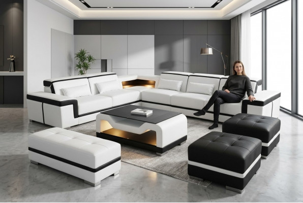 Lieder Canapé Couchage Polster Eck Modern Garnitur Wunnlandschaft Dësch Hocker G8020B