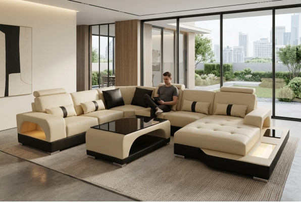Liederbe Sofa Moderne Couch Polster Design Wunnlandschaft + Dësch Eck Couchen Sëtz