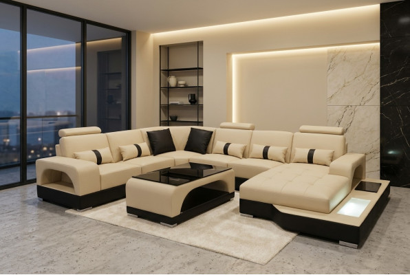 Liederbe Sofa Moderne Couch Polster Design Wunnlandschaft + Dësch Eck Couchen Sëtz