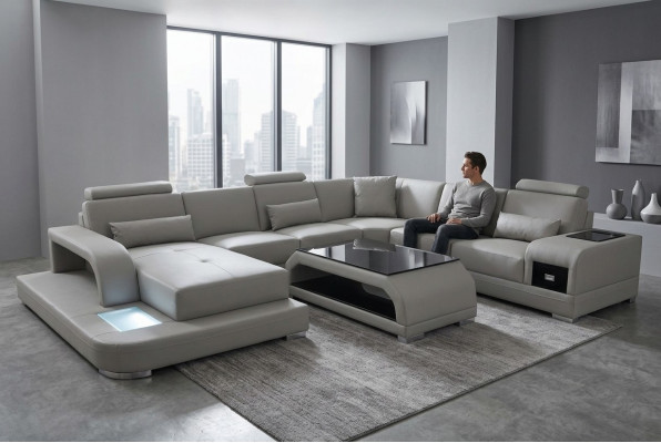 Ledersofa Wunnlandschaft Garnitur Design Modern Ecksofa Sofa U-Form G8013+Dësch