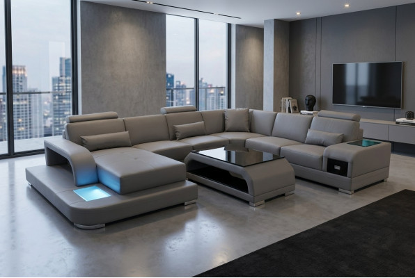 Ledersofa Wunnlandschaft Garnitur Design Modern Ecksofa Sofa U-Form G8013+Dësch