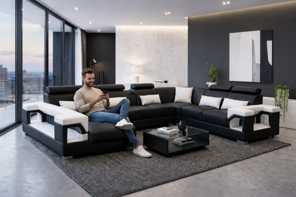 Ecksofa mat ergonomescher Réckelee an funktionelle Armleenen