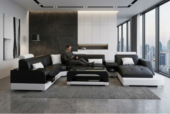 Lieder Sofa Moderne Sëtz Couch Design Polster Eck Couchen Wunnlandschaft + Dësch