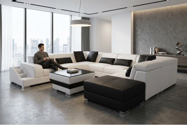 Lieder Wunnlandschaft Eck Garnitur Design Modern Sofa U-Form G8008 + Pouf Nei