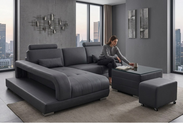 XXL Canapé aus Lieder Wohnlandschaft Garnitur Design Modern Sofa L-Form F3017C + Dësch