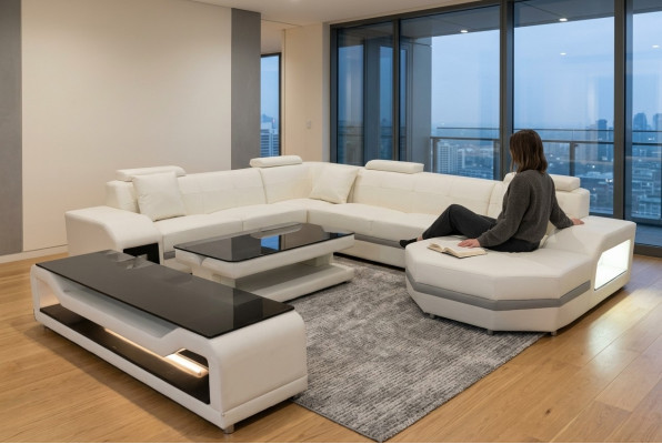 Lädersofa Couch Polster Eck Sëtz Garnitur Wunnlandschaft U-Form Dësch RTV Nei