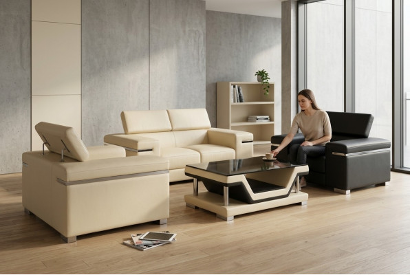 Lieder Modern XXL Canapé Wunnlandschaft Ledersofa Sofa Garnitur 2+1+1 + Dësch Nei