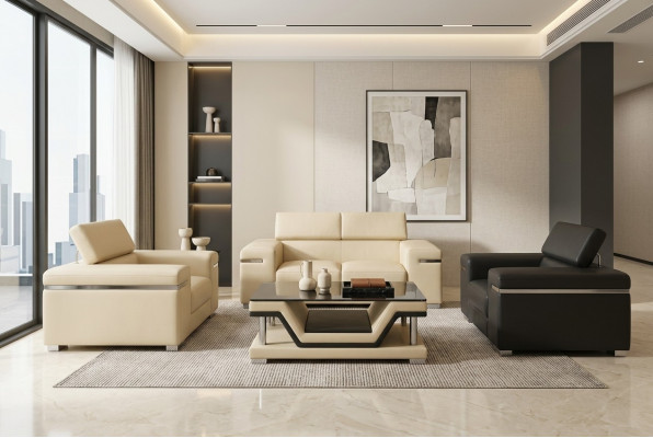 Lieder Modern XXL Canapé Wunnlandschaft Ledersofa Sofa Garnitur 2+1+1 + Dësch Nei