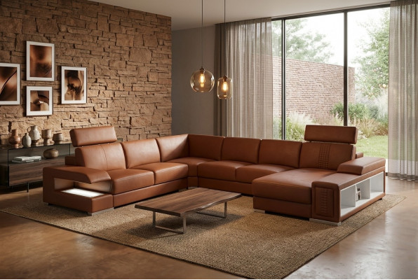 Wunnambiance mat engem U-fërmege Designer-Ecksofa.