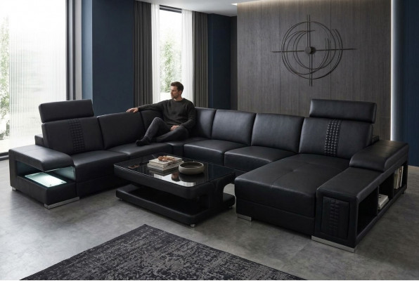 Lieder Sofa Canapé Polstersët Eck Sëtz Garnitur Ecke couchen Wunnlandschaft +Dësch