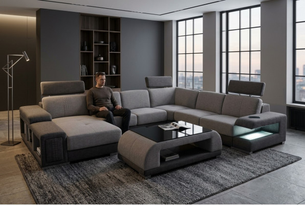 Eck Stoff modern XXL Canapé Wunnlandschaft Textil Sofa U-Form B2015 Stoff +Dësch