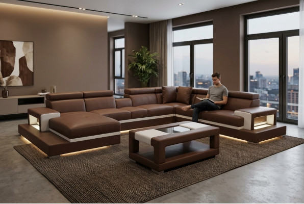 Design Liederpolster Sitz Zëmmer Wunnsofa Eckcouch Designe Garnitur + Dësch