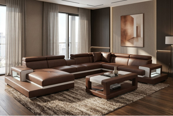 Design Liederpolster Sitz Zëmmer Wunnsofa Eckcouch Designe Garnitur + Dësch