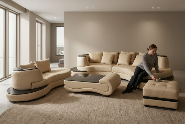 Luxus Wunn Eck Lieder Garnitur Landschaft Polster XXL Grouss Sofa U Form + Chaise + Dësch
