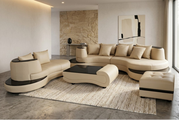Luxus Wunn Eck Lieder Garnitur Landschaft Polster XXL Grouss Sofa U Form + Chaise + Dësch