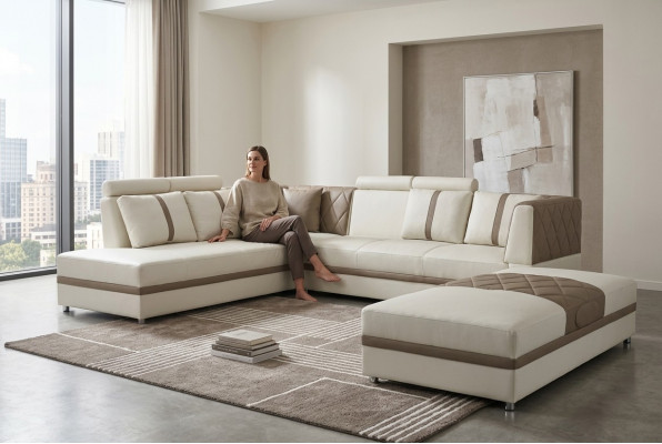 Eckledder Modern XXL Couch Wunnlandschaft Ledersofa Sofa L-Form A1128II+Hocker