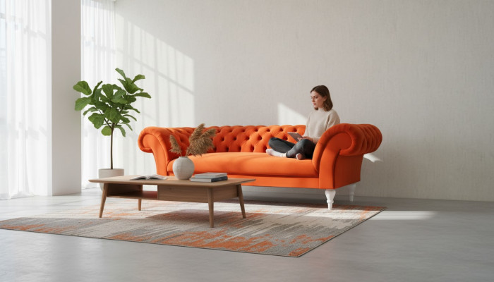 Stoffdesign Couchepolster Sofas Textil Modern Sofa Chesterfield 3 Sëtzer Orange