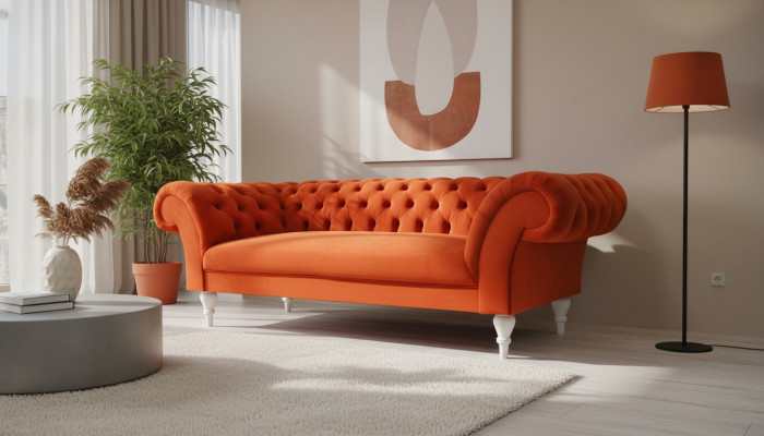 Stoffdesign Couchepolster Sofas Textil Modern Sofa Chesterfield 3 Sëtzer Orange