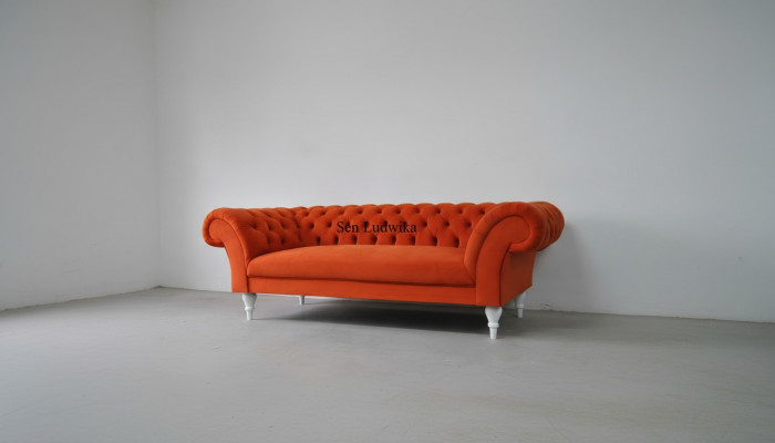 Stoffdesign Couchepolster Sofas Textil Modern Sofa Chesterfield 3 Sëtzer Orange