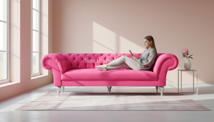 Stoff Design Canapé Polster Sofas Textil Modern Canapé Chesterfield 3 Sëtzer Rosa
