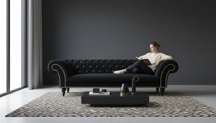 Stoffdesign Couchpolster Textil Modern Sofa Chesterfield 3-Sëtzer Schwaarz