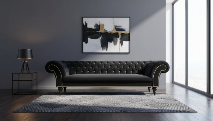 Stoffdesign Couchpolster Textil Modern Sofa Chesterfield 3-Sëtzer Schwaarz