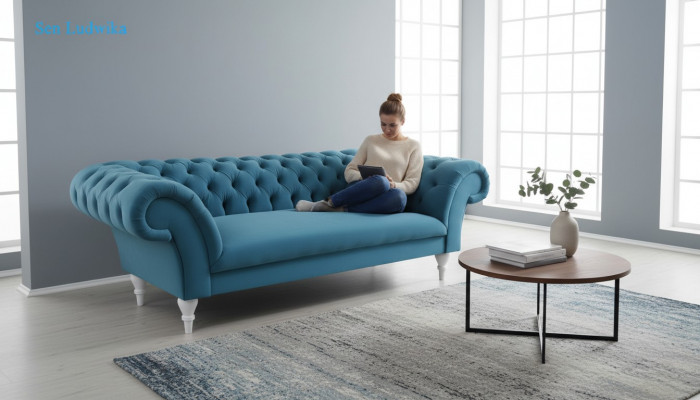 Textil 3 Sëtzer Blo Stëfter Design Couch Këssen Sofas Modern Sofa Chesterfield
