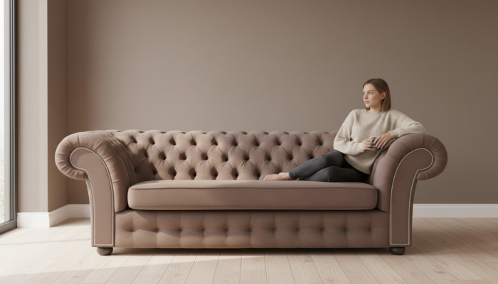 Sofa 3 Sëtzer Stoff Design Couch Polster Sofas Textil Modern Chesterfield Beige