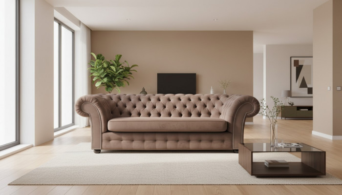 Sofa 3 Sëtzer Stoff Design Couch Polster Sofas Textil Modern Chesterfield Beige