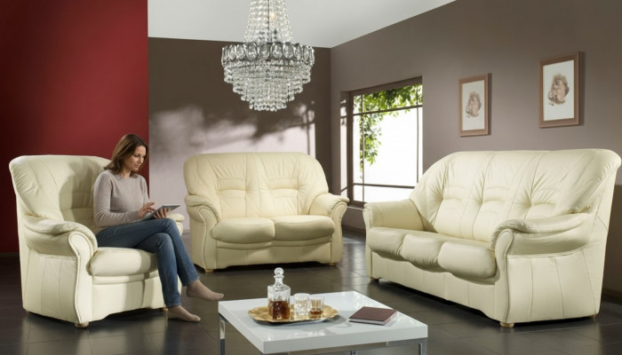 Klassesch Wunnzëmmer Garnitur 3+1+1 100% Vollleder Couch Sëtz Deko Sofa