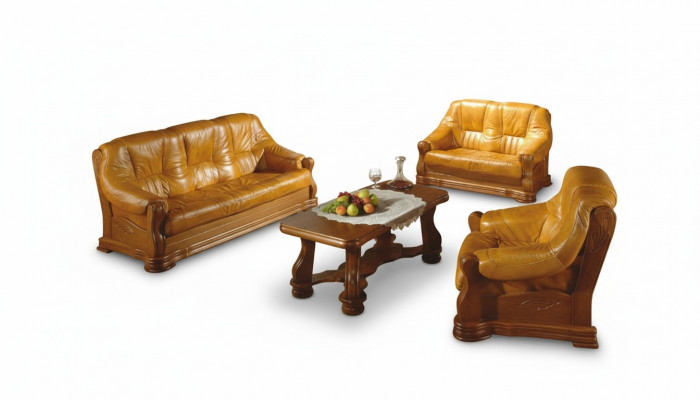 Wunnzëmmer Lieder Holz Miwwel Garnitur 3+2+1 Sofa Couch Polster Sëtz