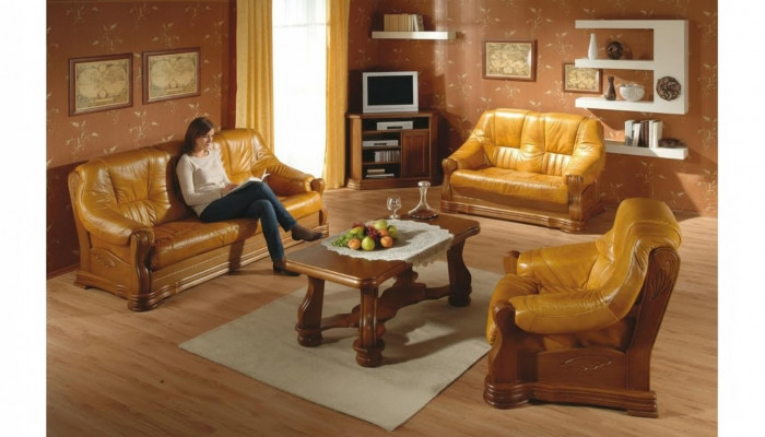 Klassesch Sofasett Holz 3+2 Komplett Set Sëtz Polstersofasett