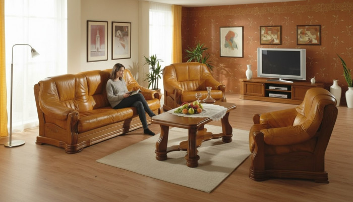 Dräisëtzer Couch Klassesch Ledersofa Couch Polster Sofa 3-Sëtzer Lieder