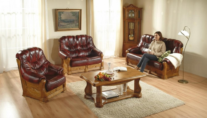 Klassesch Sofa Garnitur Couch Polster Sofa 100% Richtëgt Lieder Holz 3+1