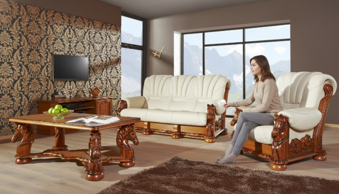 Wunnzëmmer Canapé-Set Couch Polster Sëtz Sofa Lieder Holz 3+2 Set