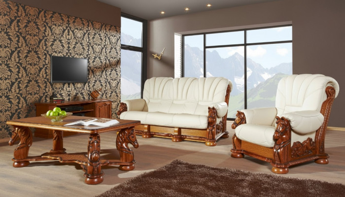 Wunnzëmmer Canapé-Set Couch Polster Sëtz Sofa Lieder Holz 3+2 Set