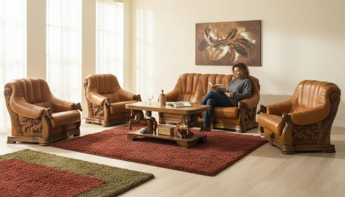 Wunnzëmmer Sofagarnitur Couch Polster Sëtz Deko Sofa Lieder Holz 3+2+1 Set