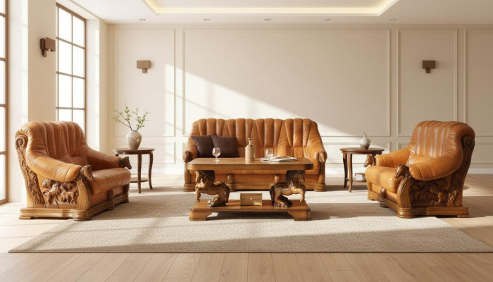 Wunnzëmmer Sofagarnitur Couch Polster Sëtz Deko Sofa Lieder Holz 3+2+1 Set