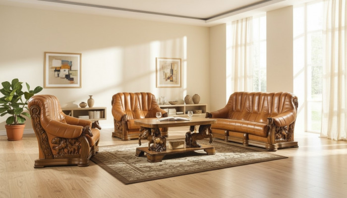 Klassesch Sofagarnitur Couch Polstersëtz Sofa Lieder Holz 3+2+2 Set Garnitur